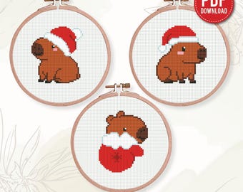 Christmas Capybara Set 3 Cross Stitch pattern PDF, Mini New Year embroidery, wintter pattern, Instant download, Small, beginner counted, DIY