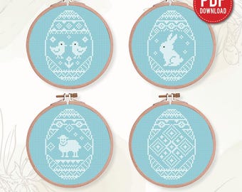 Schema per punto croce di uova di Pasqua con simpatici animali – Pacchetto di 4 uova primaverili, schema in PDF