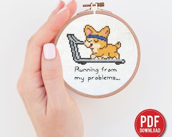 Tiny Corgi Cross Stitch Pattern, Running From My Problems, dog breed Embroidery PDF