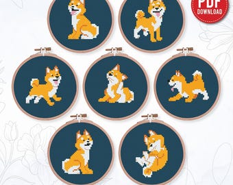 Bundle of 7 mini Shiba Inu dog Cross stitch patterns, puppy, pet, animals, beginner counted, modern chart, gift DIY, embroidery, instant PDF