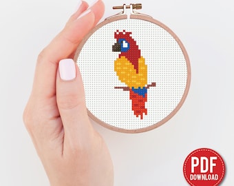 Mini pappagallo schema punto croce, contemporaneo, astratto, tropicale, contato per principianti, grafico moderno, regalo fai da te, ricamo, PDF istantaneo