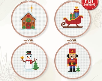 Tiny Christmas Set 4 Cross stitch pattern PDF, Mini New Year embroidery, Gingerbread house, Snowman, Instant download – Small Nutcracker