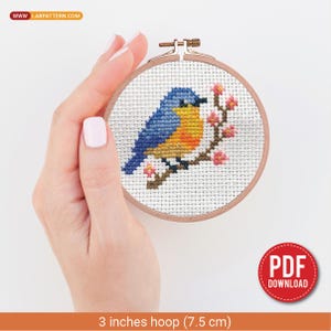 Op de afbeelding: Een borduurring met kruissteek met een blauwe, gele en oranje vogel op een tak met roze bloemen. De ring heeft een diameter van 7,5 cm en wordt in een hand gehouden. De afbeelding bevat de tekst "PDF DOWNLOAD" en het websiteadres "www.labpattern.com".