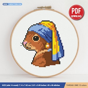 Squirrel with a Pearl Earring cross stitch pattern, Funny animal cross stitch, beginner, Famous Artwork, Vermeer, DIY, embroidery, PDF