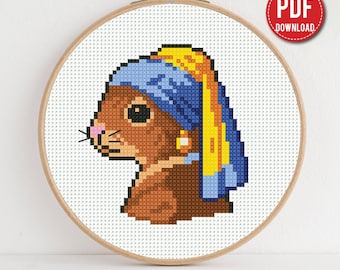 Schema punto croce "Scoiattolo con l'orecchino di perla", punto croce con animali divertenti, principiante, opera d'arte famosa, Vermeer, fai da te, ricamo, PDF