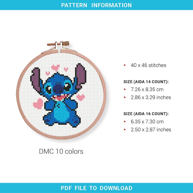 May include: A cross-stitch pattern featuring the character Stitch from Lilo & Stitch, in a wooden embroidery hoop. The design includes Stitch surrounded by pink hearts. The pattern details are listed, including the size in inches and centimeters.