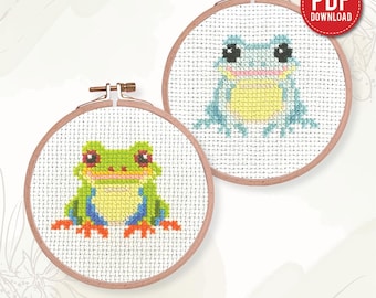 Frogs cross stitch pattern PDF bundle – Set 2 Blue, Green Frog embroidery - Instant download – Small Cross stitch patterns, DIY