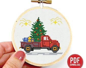 Schema punto croce camion di Natale vintage in PDF, mini ricamo natalizio, schema di Capodanno, download immediato, piccolo, contato per principianti