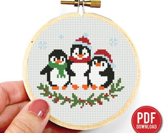Schema punto croce "Tre pinguini di Natale" in PDF, Mini ricamo natalizio, Schema di Capodanno, Download immediato, Piccolo, Principiante contato