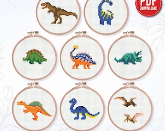 Bundle mini Dinosaurs 8 Cross stitch patterns, contemporary, Abstract, 3 inches, beginner, modern chart, gift DIY, embroidery, instant PDF