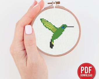 Mini colibrì, schema punto croce, contemporaneo, astratto, tropicale, contato per principianti, grafico moderno, fai da te, ricamo, PDF istantaneo