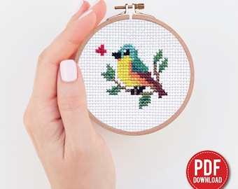 Mini Bird cross stitch pattern – Tiny Bird embroidery - Instant download – Small, beginner counted, spring DIY, digital PDF