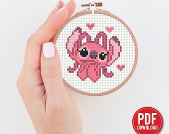 Tiny Lilo and Stitch Cross stitch pattern PDF, Cartoon pattern, Mini Angel embroidery, instant PDF
