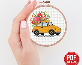 Schema per punto croce PDF di un'auto gialla con fiori vintage – Ricamo di un camion floreale – Mini schema primaverile