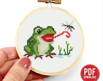 Frog Mosquito cross stitch pattern PDF – Green Frog embroidery - Instant download – Small Cross stitch patterns, Insect cross stitch, DIY