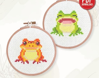 Pacchetto PDF di schemi per punto croce Rane – Set 2 arancioni, ricamo Rana verde - Download immediato – Piccoli schemi per punto croce, fai da te