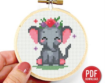 Schema punto croce elefante carino PDF – Mini ricamo elefante, piccolo schema animale, telaio da 3 pollici, principiante contato, regalo fai da te