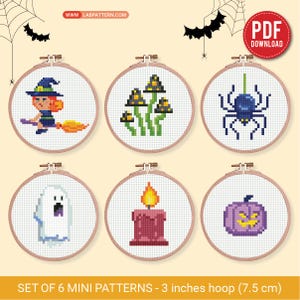 May include: Six mini Halloween cross-stitch patterns in embroidery hoops. Designs include a witch, mushrooms, a spider, a ghost, a candle, and a jack-o'-lantern. Each pattern is 7.5 cm in diameter. The image includes the text "PDF DOWNLOAD".