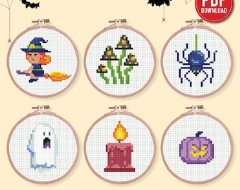 Halloween Mini Cross Stitch Pattern Set 6 – Cute Spooky Embroidery Designs – Ghost Pumpkin Witch Spider. Easy Halloween Motifs PDF Chart