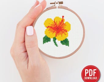 Mini Hibiscus flower cross stitch pattern PDF – tiny tropical flower embroidery pattern, beginner counted, gift DIY, instant PDF