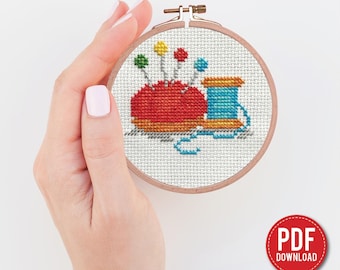 Mini Pincushion Cross Stitch Pattern PDF, Sewing Needlework, Tiny Embroidery, 3 Inch Hoop, Instant Download