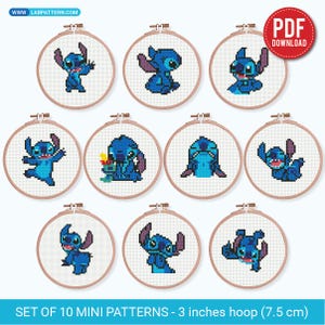 May include: Set of 10 mini cross-stitch patterns featuring the blue alien Stitch from Lilo & Stitch. Each pattern is displayed in a 3-inch (7.5 cm) embroidery hoop. The image includes the text "PDF DOWNLOAD" and "SET OF 10 MINI PATTERNS - 3 inches hoop (7.5 cm)".
