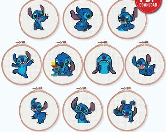 Pacchetto di 10 mini schemi per punto croce Lilo e Stitch, cartoni animati, set piccolo, principiante, schema moderno, regalo fai da te, ricamo, PDF istantaneo