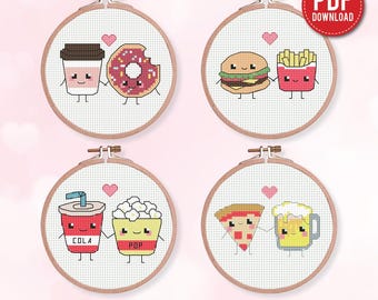 Paquete de 4 mini patrones de punto de cruz "Comida para parejas", San Valentín, contado para principiantes, gráfico moderno, regalo DIY, bordado, PDF instantáneo