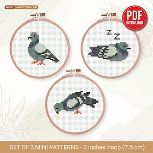 May include: Three cross-stitch patterns of pigeons in embroidery hoops. Each hoop is 3 inches (7.5 cm) in diameter. One pigeon is standing, one is sleeping, and one is eating. The patterns are available as a PDF download.
