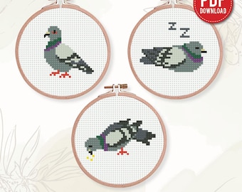 Schema punto croce "Piccione", set di 3 modelli di piccioni, piccolo, uccello, contato per principianti, schema moderno, regalo fai da te, ricamo, PDF istantaneo