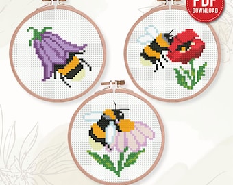 Mini Bee schema punto croce PDF, set 3, telaio 3 pollici, ricamo floreale, motivo floreale primaverile, principiante, grafico moderno, regalo fai da te