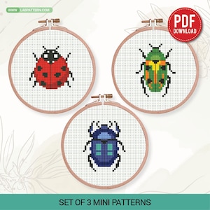 Mini-korsstygnsmönsterset med skalbagge, broderi med 3 färgglada insekter i PDF-format, nyckelpiga och insekt, gör-det-själv-present