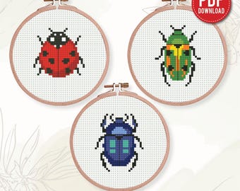 Conjunto de patrones de punto de cruz de mini escarabajos, 3 coloridos insectos bordados en PDF, mariquita e insecto, regalo DIY