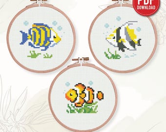 Set di schemi per punto croce con pesci tropicali – Pacchetto di ricami di pesci in PDF, simpatici animali marini