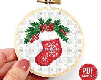 Christmas Stocking Holly Cross stitch pattern PDF, Mini Christmas embroidery – New Year pattern, Instant download – Small, beginner counted