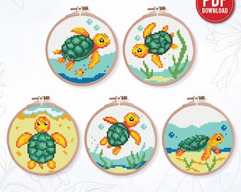 Schema punto croce per tartaruga marina in PDF - Set 5 ricami a tartaruga - Download immediato - Set di piccole tartarughe, contato per principianti, fai da te