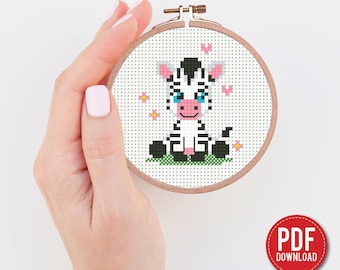 Cute Zebra Cross Stitch Pattern PDF – Kawaii Safari Animal Embroidery, 3 Inch Hoop, tiny Animal,modern, DIY