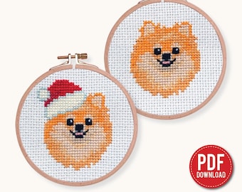 Patrón de punto de cruz (PDF), set 2, mini spitz bordado, spitz navideño, descarga instantánea, pequeño, principiante, bricolaje, raza de perro