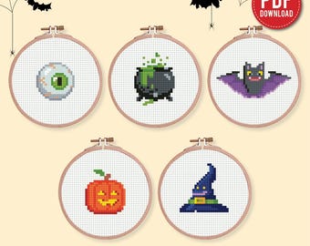 Minijuego de 5 patrones de punto de cruz para Halloween: adorables diseños de bordado espeluznantes: fantasma, calabaza, bruja, araña. Gráfico PDF con motivos fáciles de Halloween.