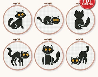 Bundle 6 mini black cat Cross stitch pattern, tiny animal, Nature, animals, beginner counted, modern chart, DIY, embroidery, instant PDF