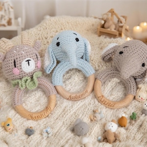 Personalized Animal Crochet Rattle,Custom Wooden Baby Rattle,Engraved Crochet Toy Rattle With Name For Baby,Baby Shower Gift,Newborn Gift