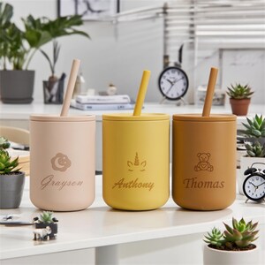 Silicone Engraved Baby Cup, Personalized Non-Spill Toddler Cup 7oz, Custom Name Sippy Cup with Straw, Gift for Baby, Kids, Easter or Newborn