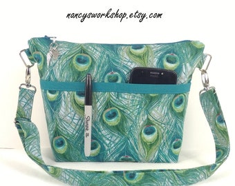 Woman's Cross Body Purse, Handmade Cross Body Purse, Peacock Feather Fabric Cross Body Bag