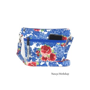 Woman&#39;s Cross Body Purse, Red and Blue Cross Body Purse, Fabric Cross Body Purse, Washable Cross Body Bag