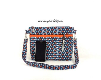 Woman's Large Cross Body Purse, Fabric Cross Body Purse, Blue and Orange Cross Body Purse, Washable Cross Body Bag