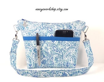 Woman's Cross Body Purse, Handmade Cross Body Purse, Fabric Cross Body Purse, Blue Cross Body Bag