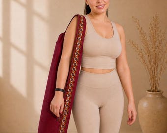 Cotton Yoga Mat Carrier with Embroidered Strap, Handmade Gym Tote, Fitness Gift