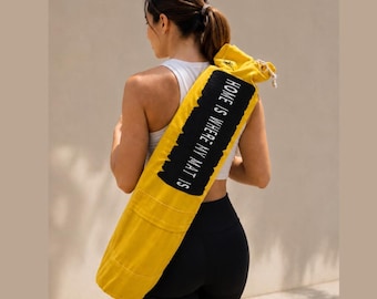 Borsa porta tappetino da yoga in cotone giallo con logo ricamato, borsa a tracolla ecologica.