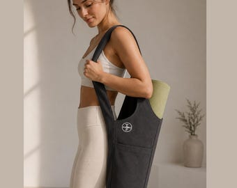 Bolsa para esterilla de yoga de algodón gris oscuro / Bolsa unisex con logotipo bordado
