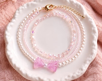 ピンクのリボンパールブレスレット、コケットビーズブレスレット、バレエコアレイヤードジュエリー、彼女への繊細なギフト